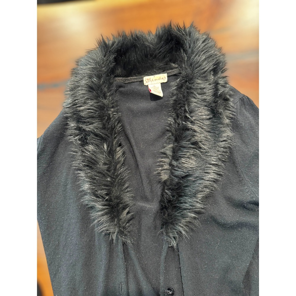 Y2K Goth Shimmer Black Cardigan Sweater Faux Fur‎ Collar Long Sleeve Womens - Picture 5 of 7